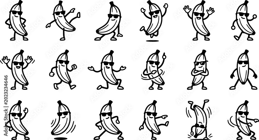 Fototapeta premium Funny Dancing Banana Character Icon Set with Sunglasses, Happy Fruit Mascot Poses and Playful Cartoon Movement Variations Isolated on White Background