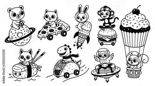 Photography Cute cartoon animals on food, kawaii characters, vector illustration for kids