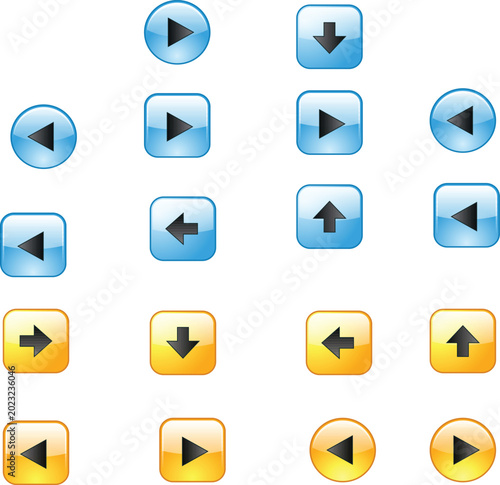 Play, navigation, button, icon set, blue, yellow, arrows, media controls