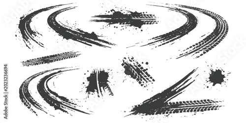 Tableau sur toile Black tire track marks and dirty grunge skid traces for racing and vehicle autom