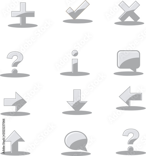 Gray, 3D, web navigation icons, set of 12, UI elements, website symbols