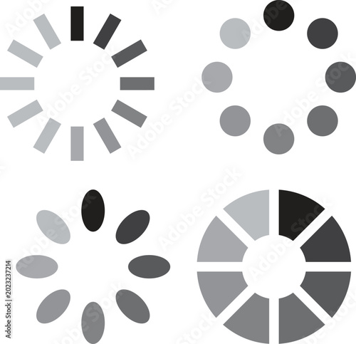 Gray, black, and white pie chart icons, infographic elements, business graphics, data visualization, vector set