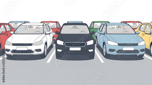 Fotografía row of colorful compact cars parked in neat spaces with clear sky background