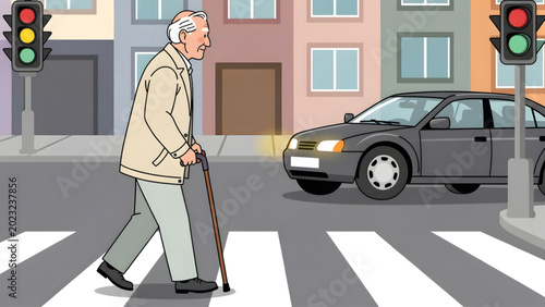 Bild auf Leinwand elderly man crossing street urban setting pedestrian car traffic lights
