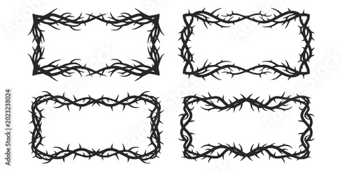 Foto Set of four rectangular frames made of black thorny branches and sharp spikes fo