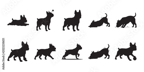 Bulldog silhouette set. Black bulldog silhouettes in different poses isolated on white background, clean vector illustration for pet, logo, and design use.
