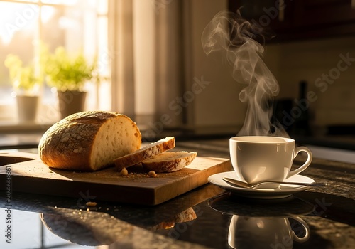 Freshly baked bread and coffee on a wooden board next to a window