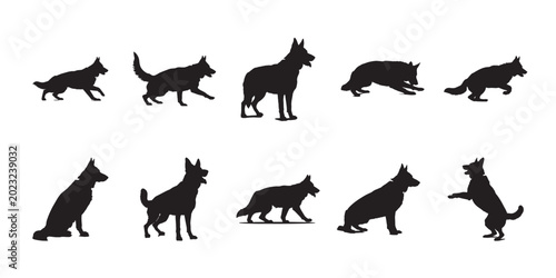 German Shepherd dog silhouettes set. Action poses of a Alsatian dog including running, jumping, and standing. Ideal for pet care, K9 training, and animal lover themes.