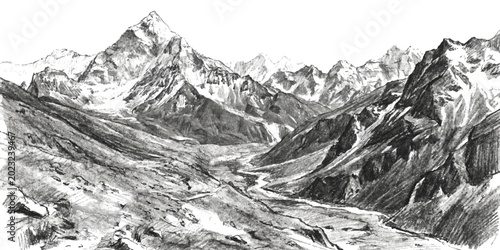 Photography Beautiful hand drawn sketch of high rocky mountains with snow peaks and a valley