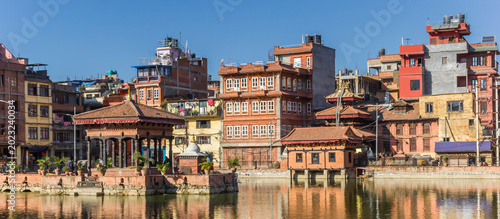 Panorama of Pimbahal Pokhari Krishna Temple and houses in Patan, Nepal