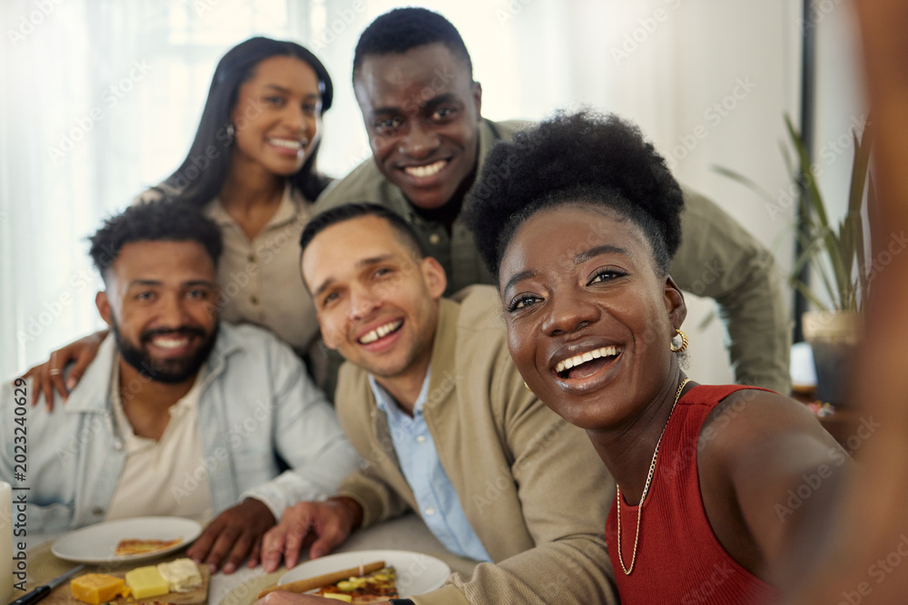 Fototapeta premium Selfie, smile and portrait of friends in home with bonding, connection or hangout together. Happy, gathering and group of people with photography picture for memory on weekend in living room at house