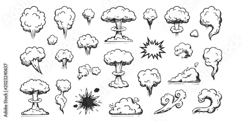 Photos Set of cartoon smoke explosion and cloud icons drawn in a sketch style for comic