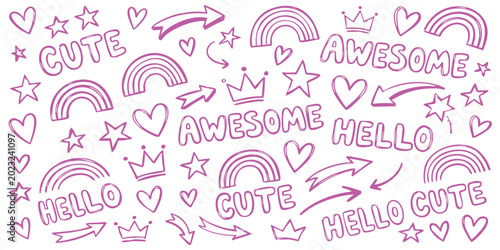 Photos Set of cute pink doodle elements including hearts stars rainbows crowns and hand