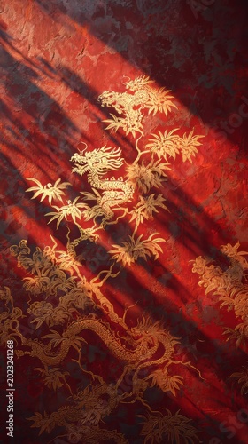 A close-up view of a red fabric with golden dragon embroidery