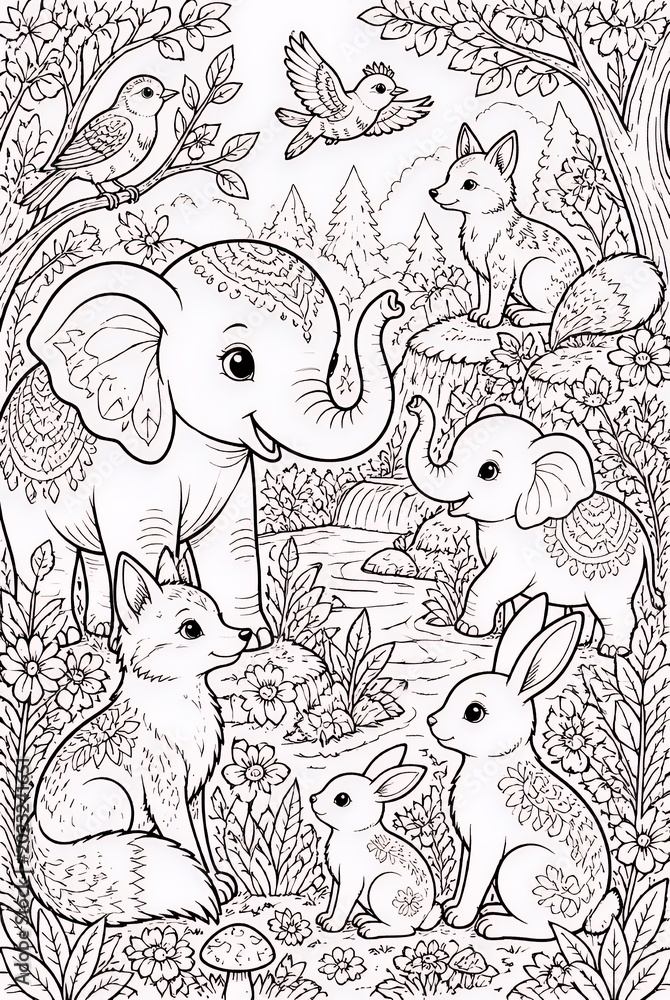 Fototapeta premium Charming Forest Animals Gathered by Winding Stream in Detailed Line Art