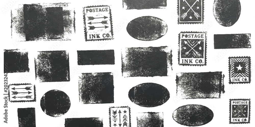 Εκτύπωση καμβά Set of black ink postage stamps and vintage rubber stamp textures on paper