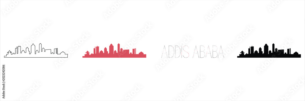 Fototapeta premium Addis ababa city skyline silhouettes in outline, solid, and dotted text styles