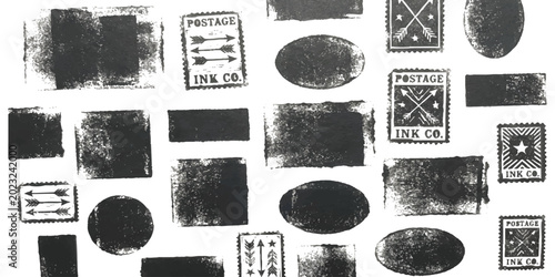 Quadro em tela Set of black ink postage stamps and vintage rubber stamp textures on paper