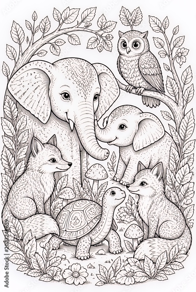 Fototapeta premium Detailed Forest Animal Family Illustration with Elephants Owl Foxes and Turtle Among Leaves