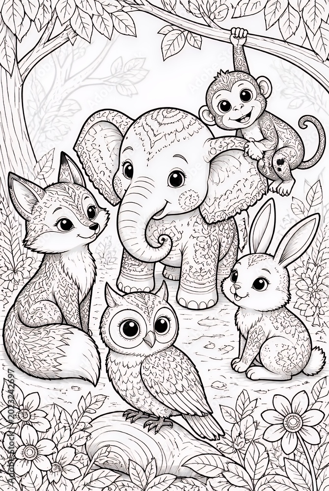 Fototapeta premium Cute Forest Animals Gathered Together in Whimsical Woodland Scene