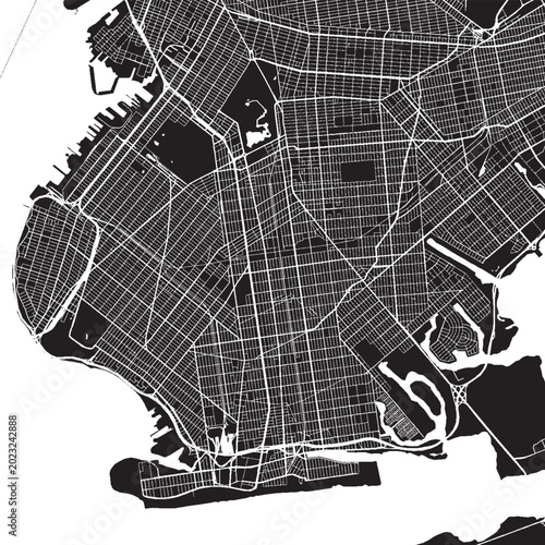 Canvastavla Brooklyn New York Vector Map, Detailed City Street Map Black and White Minimalis