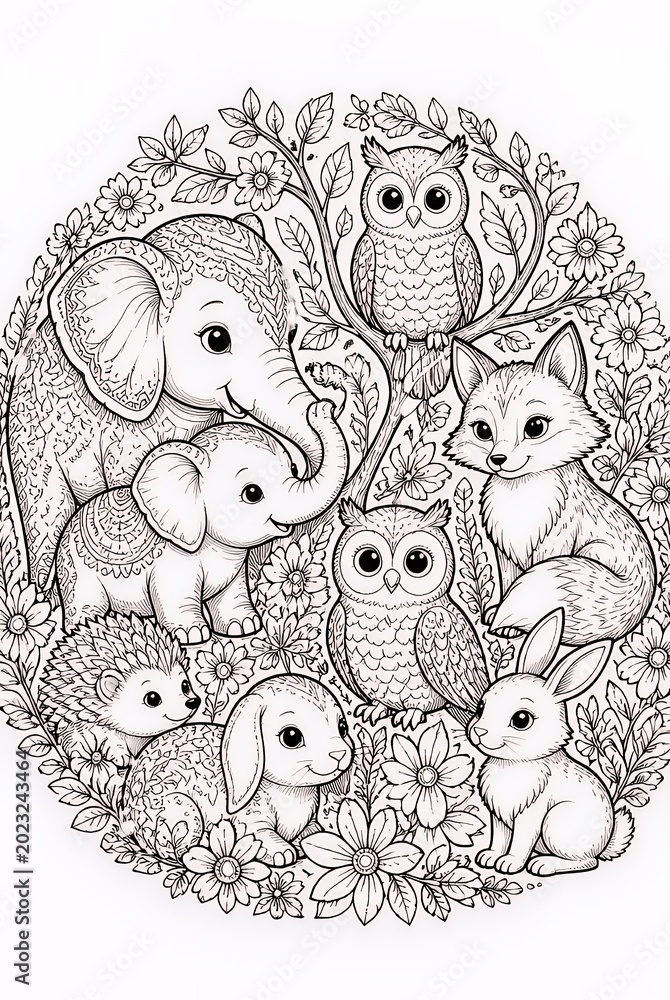 Fototapeta premium Intricate Woodland Animals Resting in Circular Floral Line Art Composition