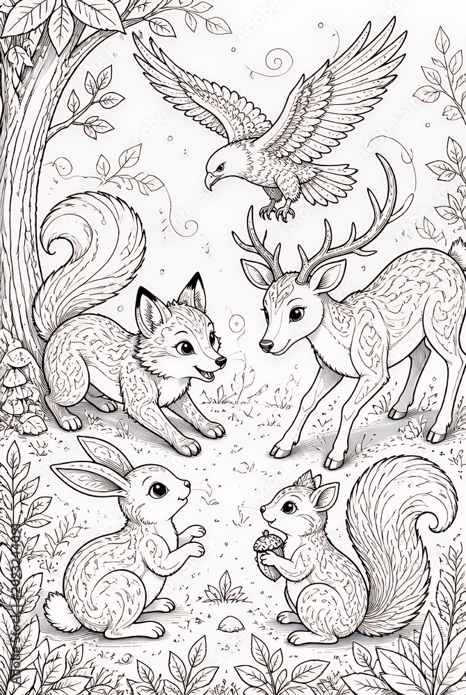 Fototapeta premium Detailed Woodland Animals Gathered in Whimsical Forest Clearing