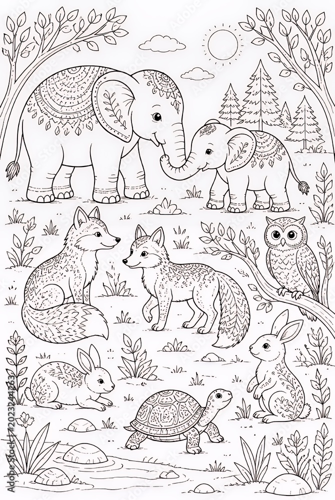 Fototapeta premium Whimsical Forest Animals Gathered in Decorative Nature Scene