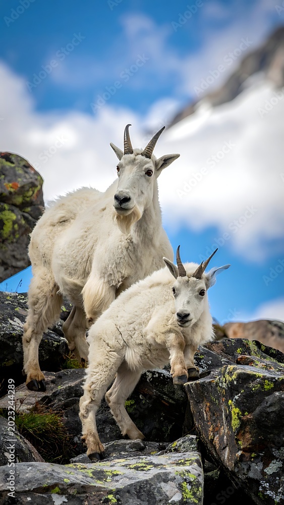 Fototapeta premium Two white mountain goats on rocks.