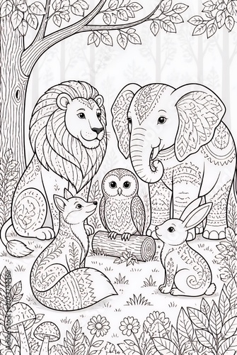 Detailed Forest Animals Gathering in Decorative Woodland Scene