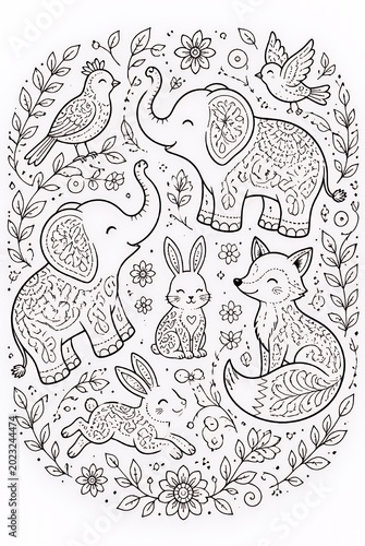 Detailed Forest Animal Line Art Illustration with Elephants Fox Rabbits and Birds in Floral Wreath