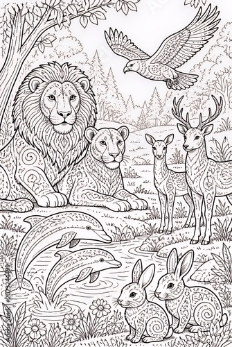 Detailed Wildlife Animals Gathered by Forest Pond in Black and White Line Art