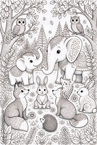 Cute Forest Animals Gathered Beneath Trees in Detailed Black and White Illustration