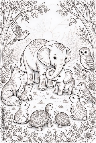 Whimsical Forest Animals Gathering Around Mother and Baby Elephant in Woodland Clearing