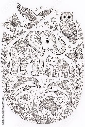 Intricate Animal Line Art Illustration with Elephant Owl Dolphins and Turtle in Nature Scene