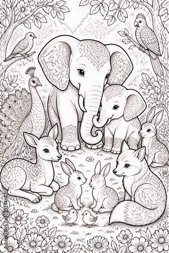 Gentle Elephant and Calf Standing with Forest Animals in Detailed Woodland Scene