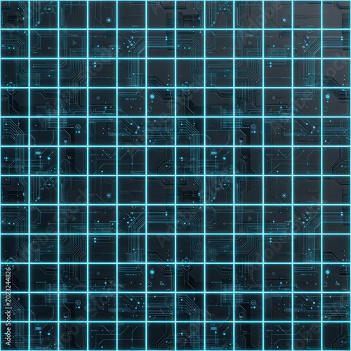 Digital grid pattern with blue lines.