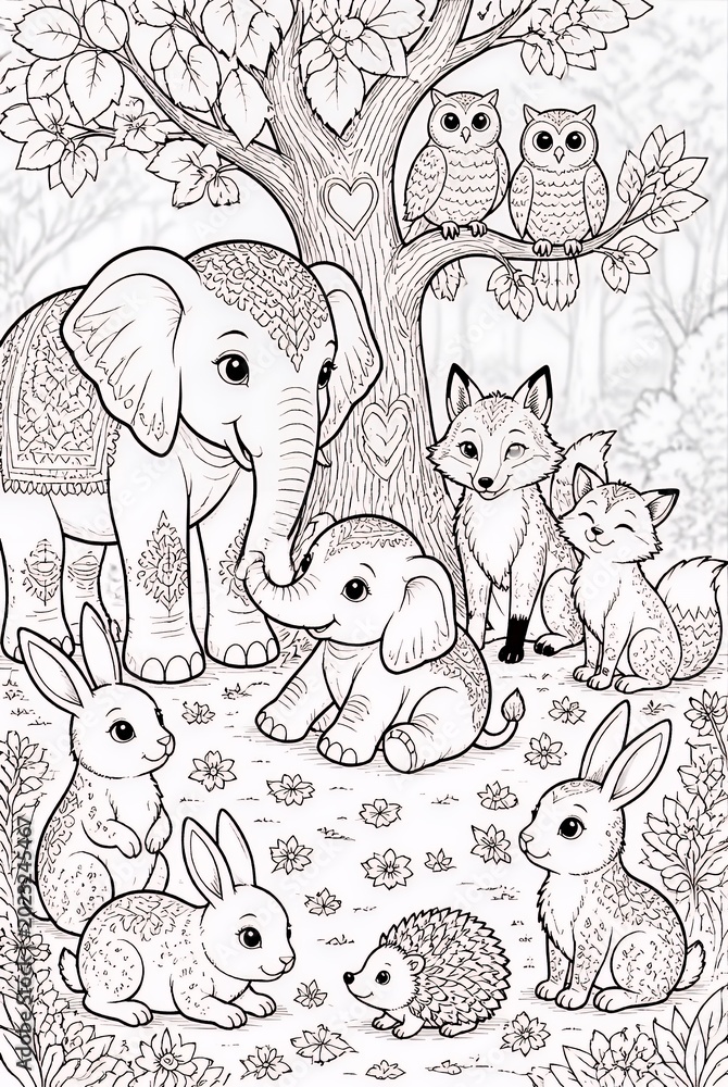 Obraz premium Cute Forest Animals Gathering Under Tree in Detailed Line Art Illustration