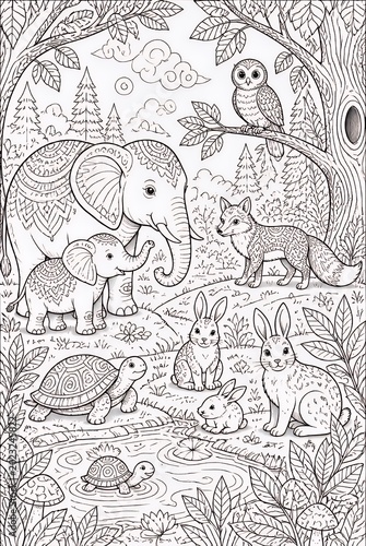 Hand Drawn Woodland Animals Gathering by Pond in Forest Clearing