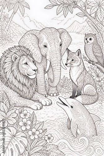 Detailed Wildlife Grouping Featuring Elephant Lion Fox Owl and Dolphin at Tropical Shoreline