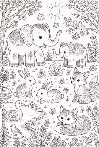 Cute Illustrated Baby Elephant and Foxes Sitting in Floral Forest Scene