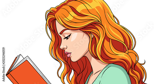 Foto Beautiful red haired woman reading a book, creating a peaceful and intellectual