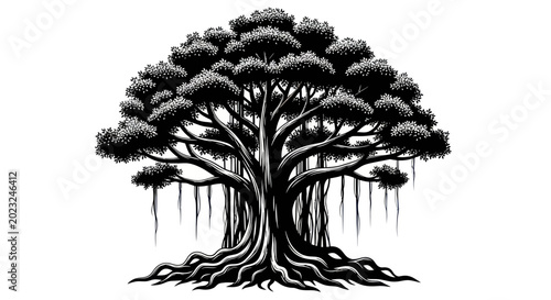 Foto Majestic Banyan Tree Illustration, Ancient Wisdom, Strong Roots, Lush Canopy