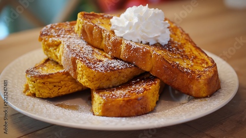 French Toast with Honey and Whipped Cream / 生クリームとはちみつをたっぷりかけた焼き立てフレンチトースト