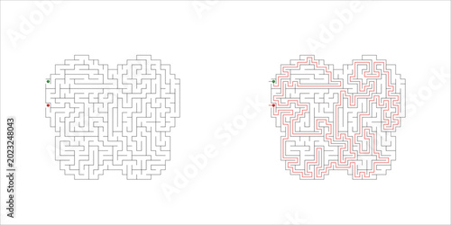 A black-and-white maze puzzle design on a transparent background 