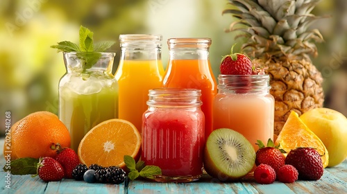 Assorted Healthy Fruit Juices on Rustic Wooden Table / ラスティックな木製テーブルに置かれたヘルシーな果汁ジュース
