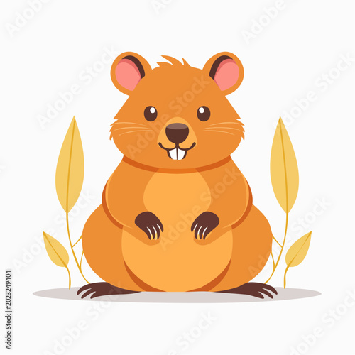 Cute Cartoon Groundhog Sitting with Plants