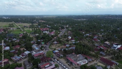 aerial view of traffic on highway while bridge under construction in Bireun, Aceh Indonesia. View from above highway road repair in Kuta Blang Bridge