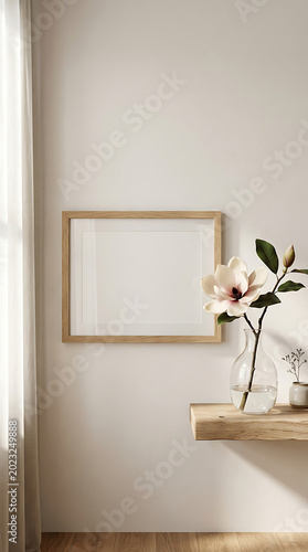 A picture frame sitting on a wooden shelf next to a potted plant. Mockup for your art project, poster, illustration or lettering Premium photo of minimalist interior scene featuring an empty horizonta