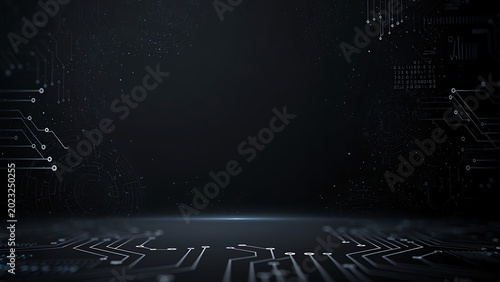 Dark background with glowing lines and digital elements
